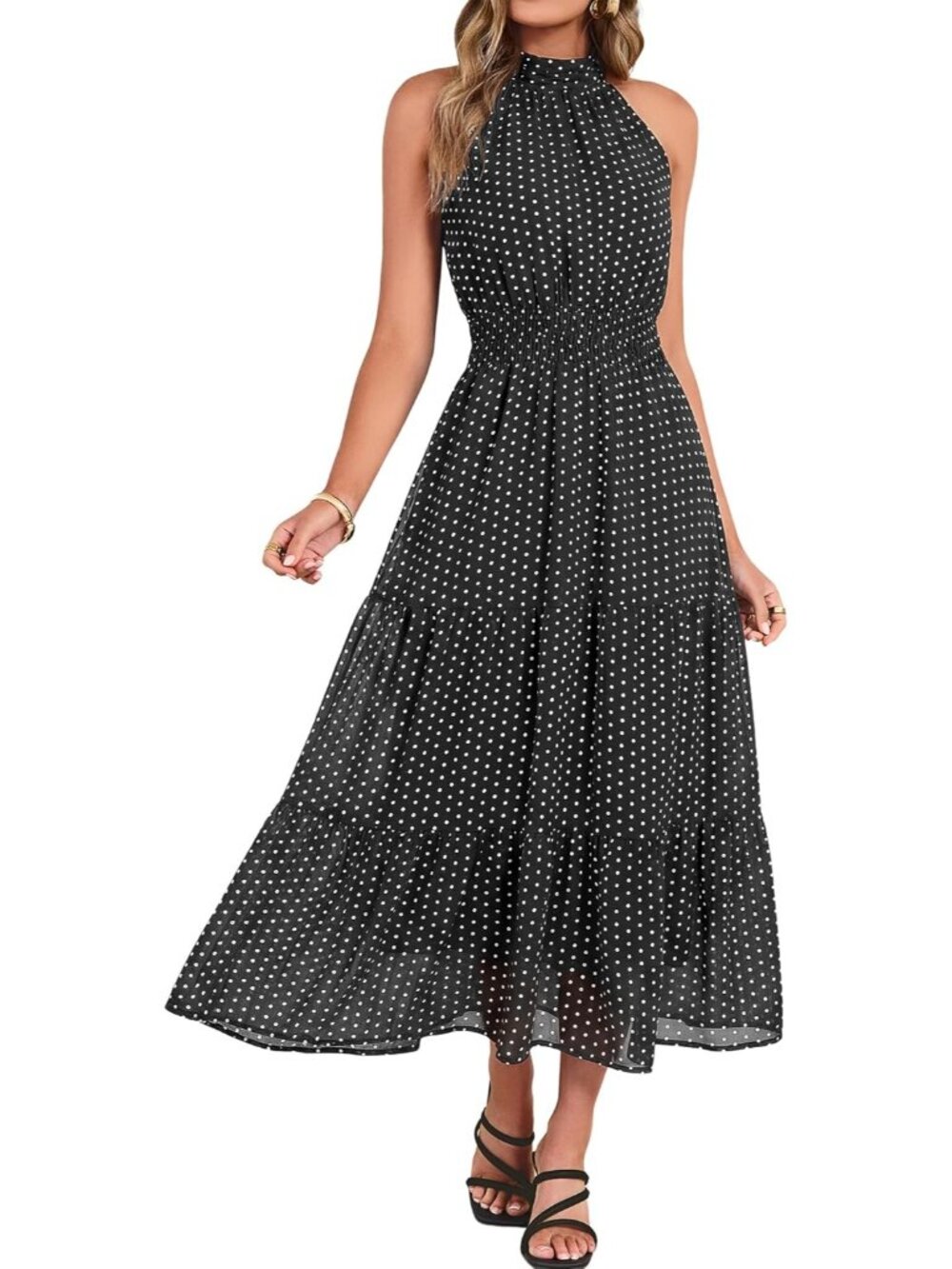 Women's Black Polka Dot Summer Vacation Boho Sundresses Wedding Guest Maxi Dress